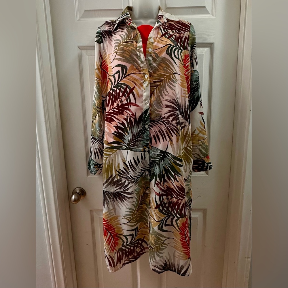 Wishing Waves Sheer, Button-Up Shirt Dress/Duster Cream, Green, & Orange Sz Sm